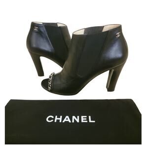 Chanel CC Logo Black Leather Chain Peep Toe Chelsea Ankle Boots IT 39.5 US 8.5–9